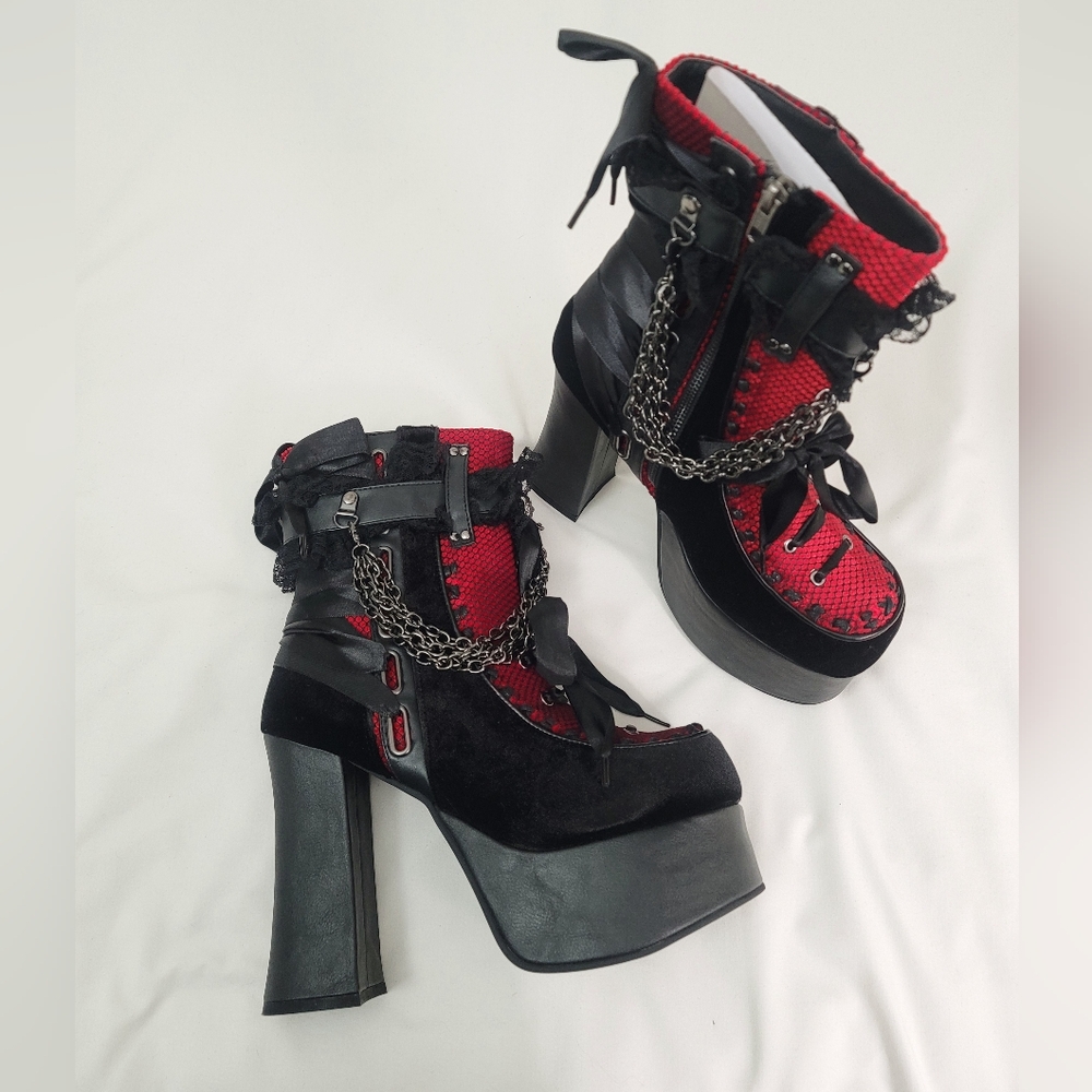 Demonia Red and Black Heeled Boots - Picture 2 of 6